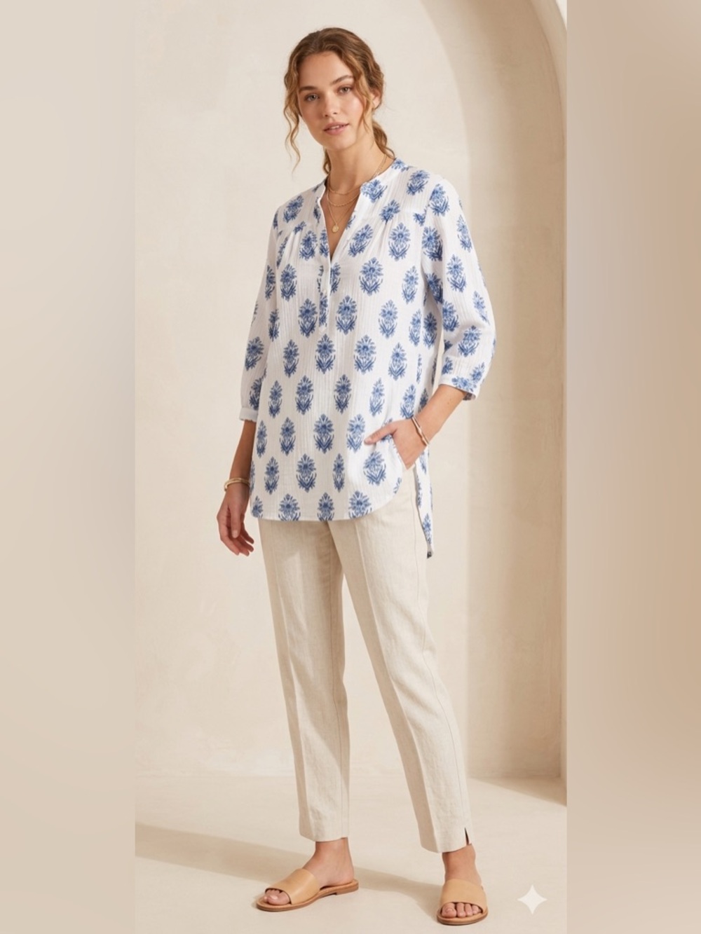 Sherry Nugent Lifestyles Blue Floral Block Print Cotton Tunic Top - M coastal